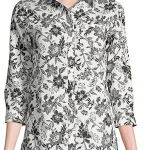 Lands’ End Black and White Floral Print Button Down Shirt No Iron Supima
